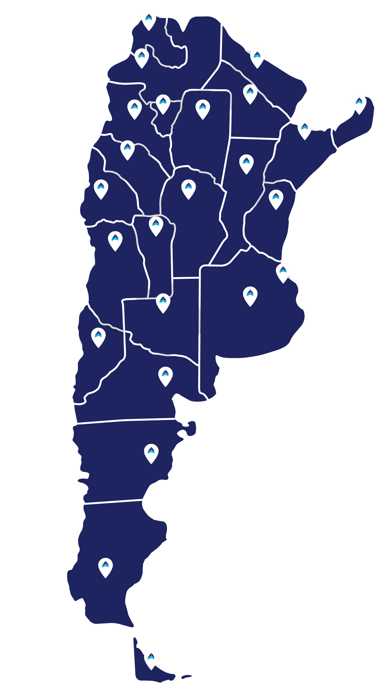 Ofrecemos servicios en toda la argentina. Mapa de la Republica Argentina con logos de Araser SRL en cada provincia